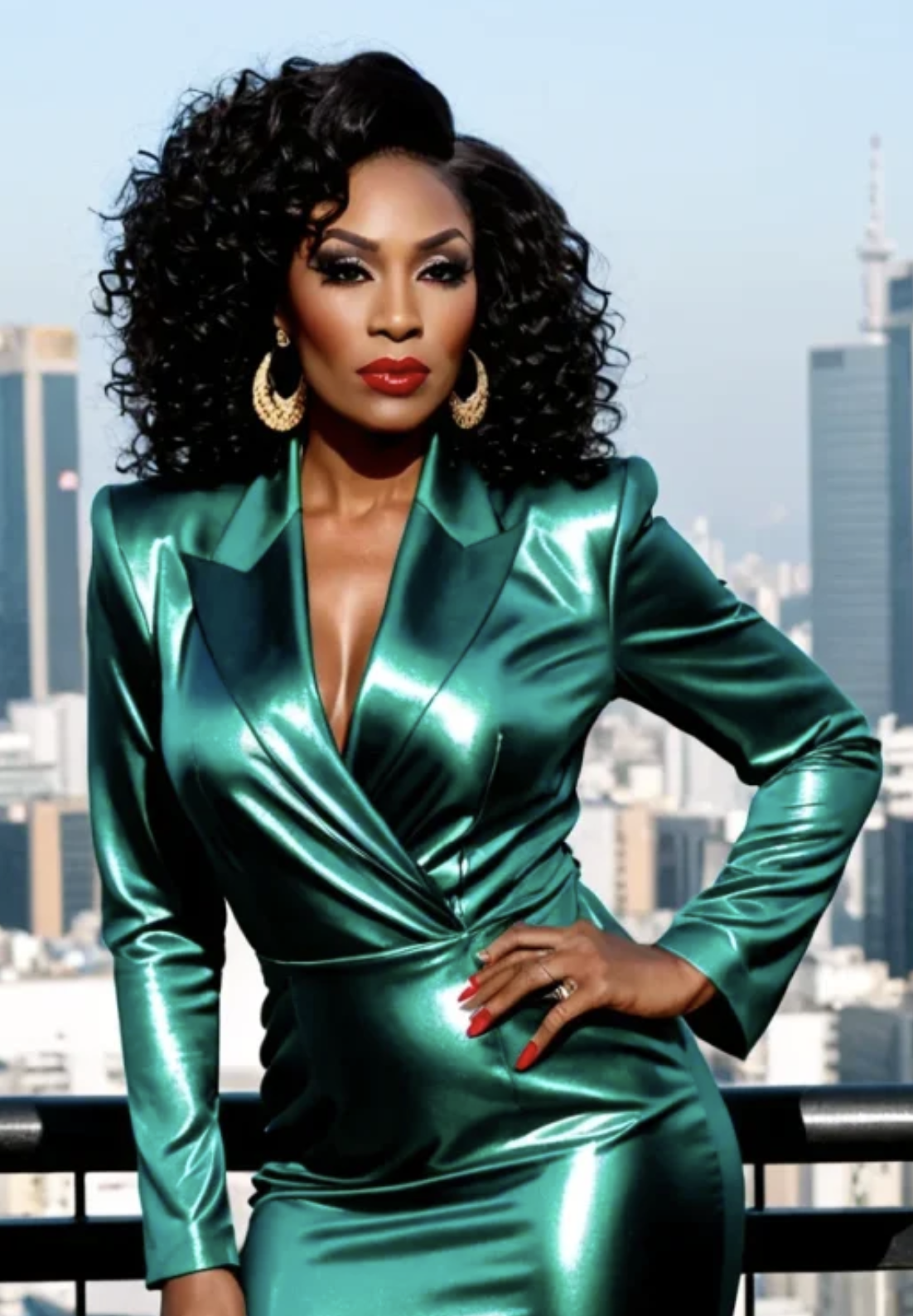 Glamorous adult trans woman in an emerald outfit